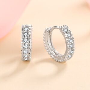 Moissanite Silver Hoop Earrings; Small diamond classic Huggie- EM001
